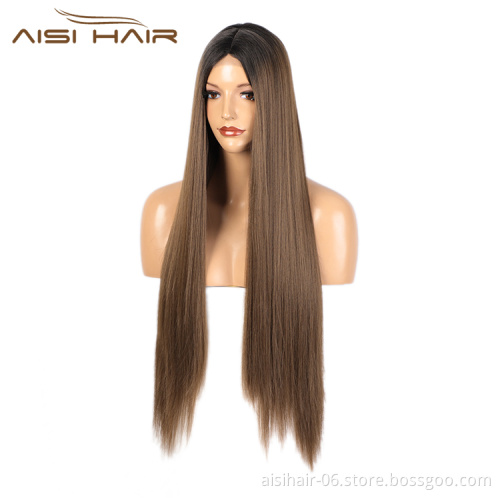 Aisi Hair 30 Inch Long Silky Straight Ombre Brown Dark Root Swiss Lace Wig Cheap Synthetic Hair Lace Front Wigs For Black Women